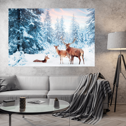 Acrylglasbild - Rotwild-Familie im Winterwald
