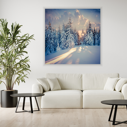 Acrylglasbild - Verschneiter Winterwald bei Sonnenuntergang