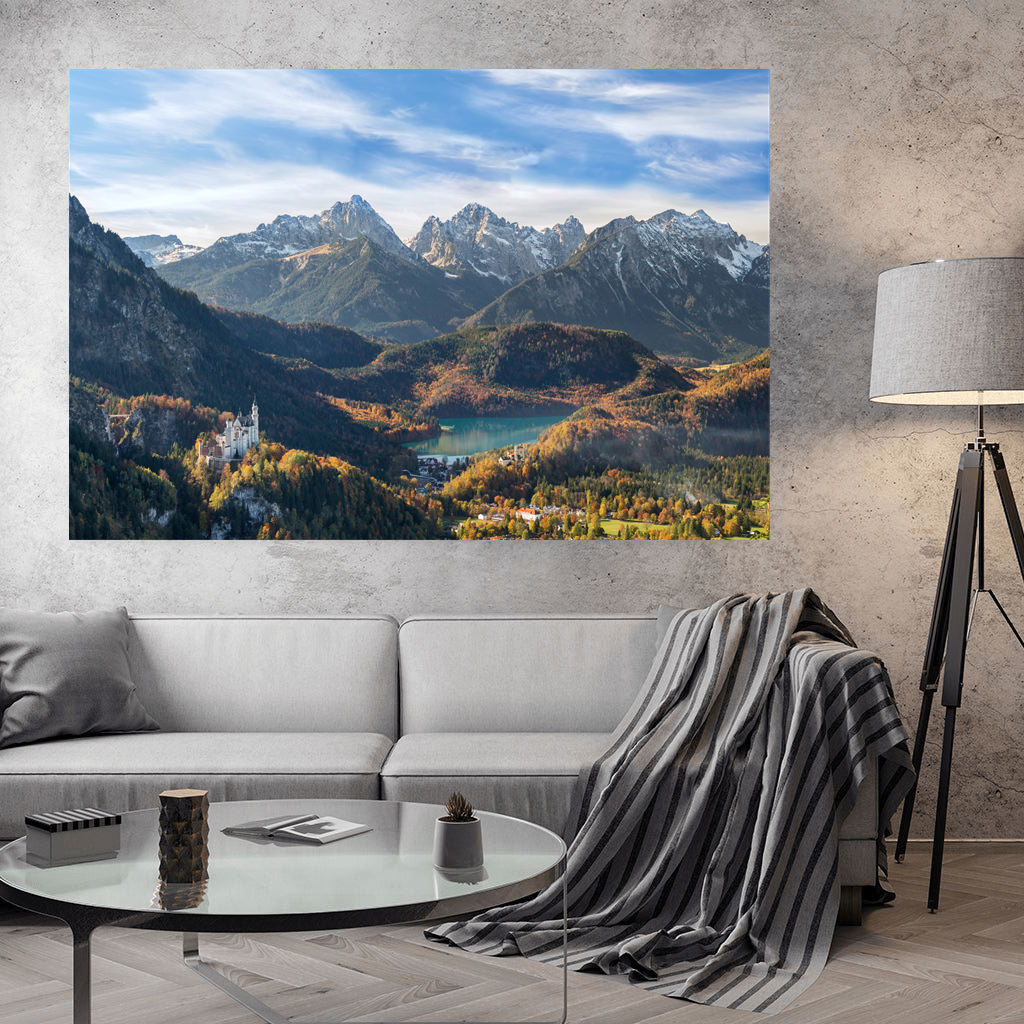 Acrylglasbild - Schloss Neuschwanstein im Herbstpanorama