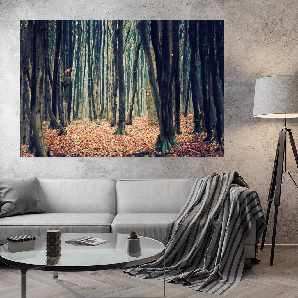 Acrylglasbild - Dichter Herbstwald mit Laubboden