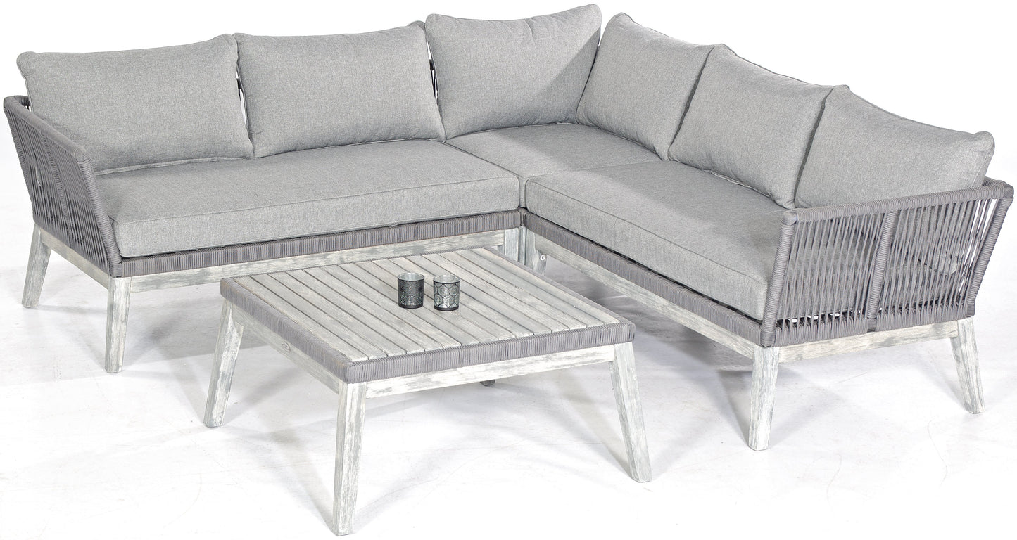 Lounge-Gruppe "Bella" Alu/Akazienholz/Polyrope grau, inklusive Kissen (2 Eckmodule, links/rechts, 1 Eckmodul, 1 Tisch)
