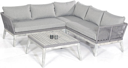Lounge-Gruppe "Bella" Alu/Akazienholz/Polyrope grau, inklusive Kissen (2 Eckmodule, links/rechts, 1 Eckmodul, 1 Tisch)