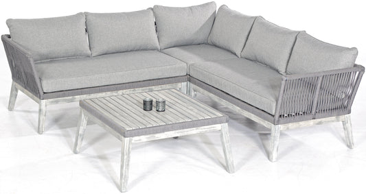 Lounge-Gruppe "Bella" Alu/Akazienholz/Polyrope grau, inklusive Kissen (2 Eckmodule, links/rechts, 1 Eckmodul, 1 Tisch)