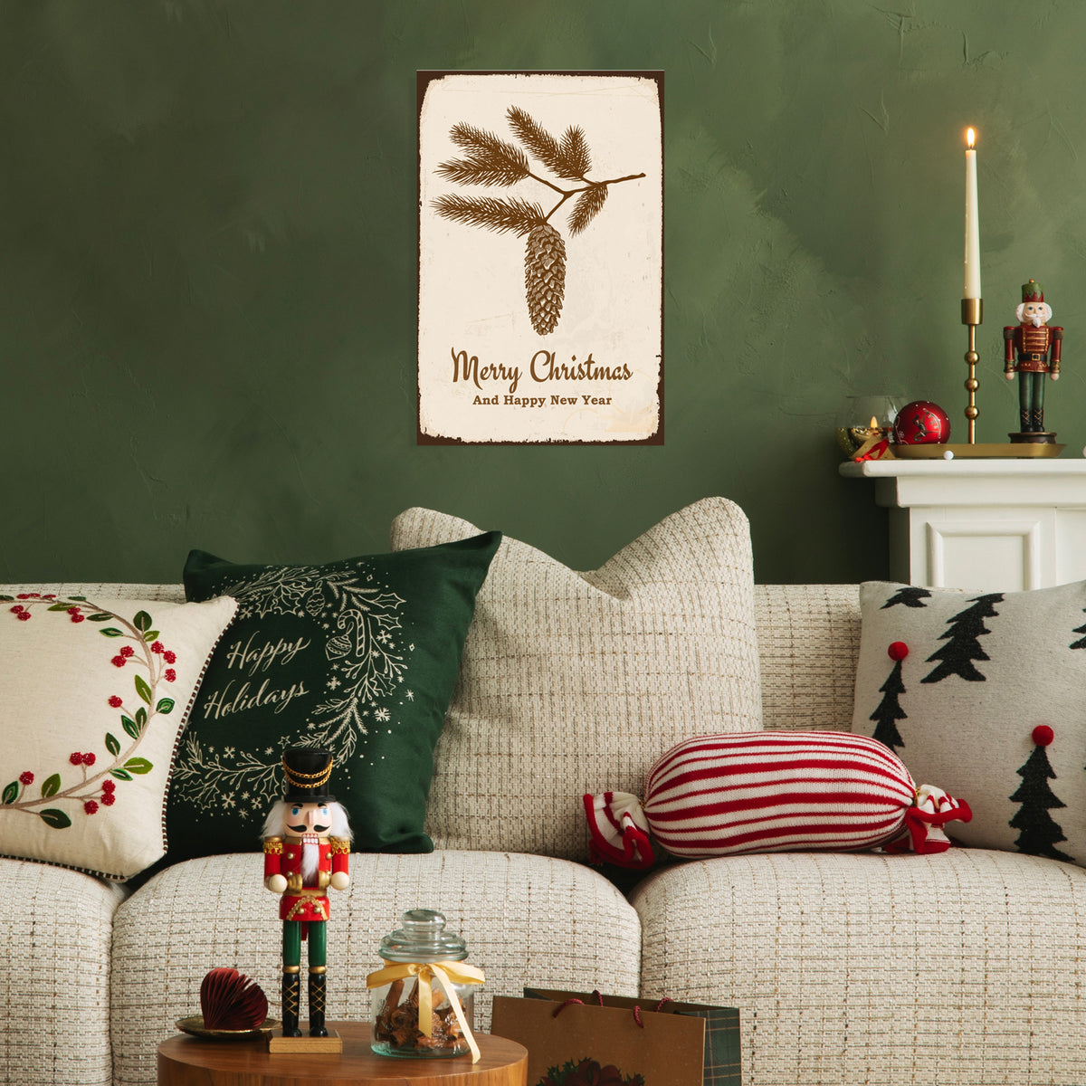 Blechschild - Merry Christmas and Happy New Year Tannenzapfen