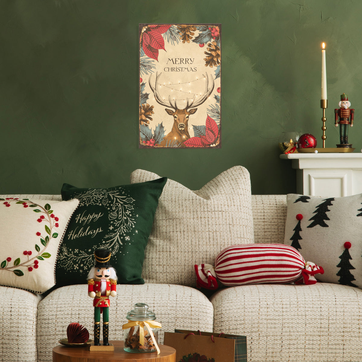 Blechschild - Hirsch mit Weihnachtsstern und Zapfen Retro