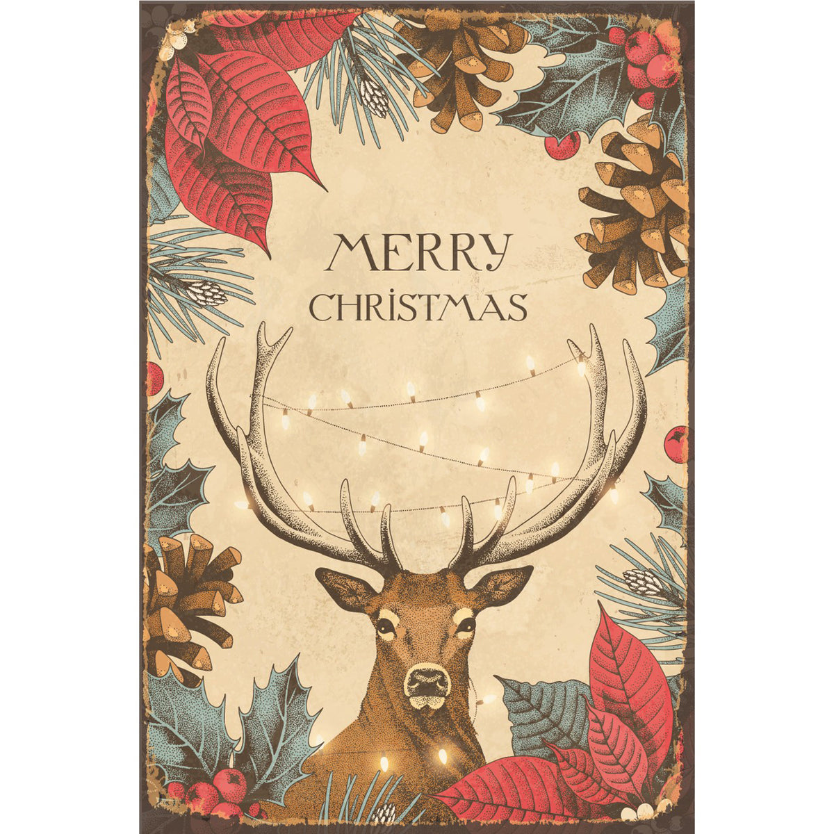 Blechschild - Hirsch mit Weihnachtsstern und Zapfen Retro